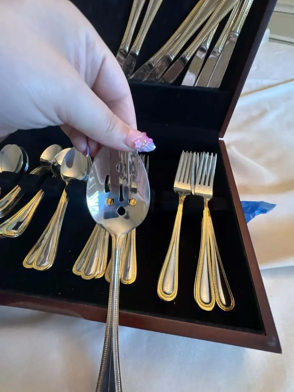 51-Piece Stainless Steel Flatware Set Gold Beaded Trim w/ Wooden Storage Case
